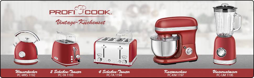 Rote Küchengeräte-Set: Wasserkocher, 2- und 4-Schlitz-Toaster, Küchenmaschine, und Standmixer. Marke: Profi Cook, Modellbezeichnungen vorhanden.