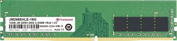 Transcend JetRAM PC-Arbeitsspeicher Modul   DDR4 16 GB 1 x 16 GB Non-ECC 2666 MHz 288pin DIMM CL19 JM2666HLE-16G