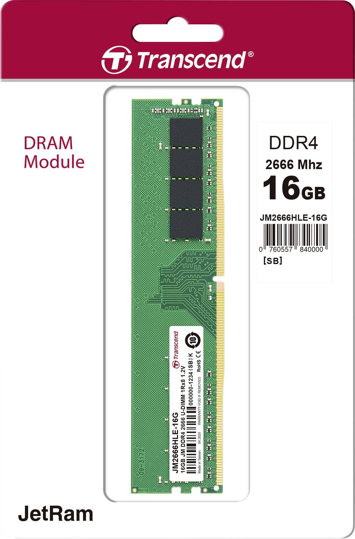 Eine Transcend DDR4 DRAM-Modulverpackung mit 16GB Speicher und einer Geschwindigkeit von 2666 MHz. Produktname: JetRam.