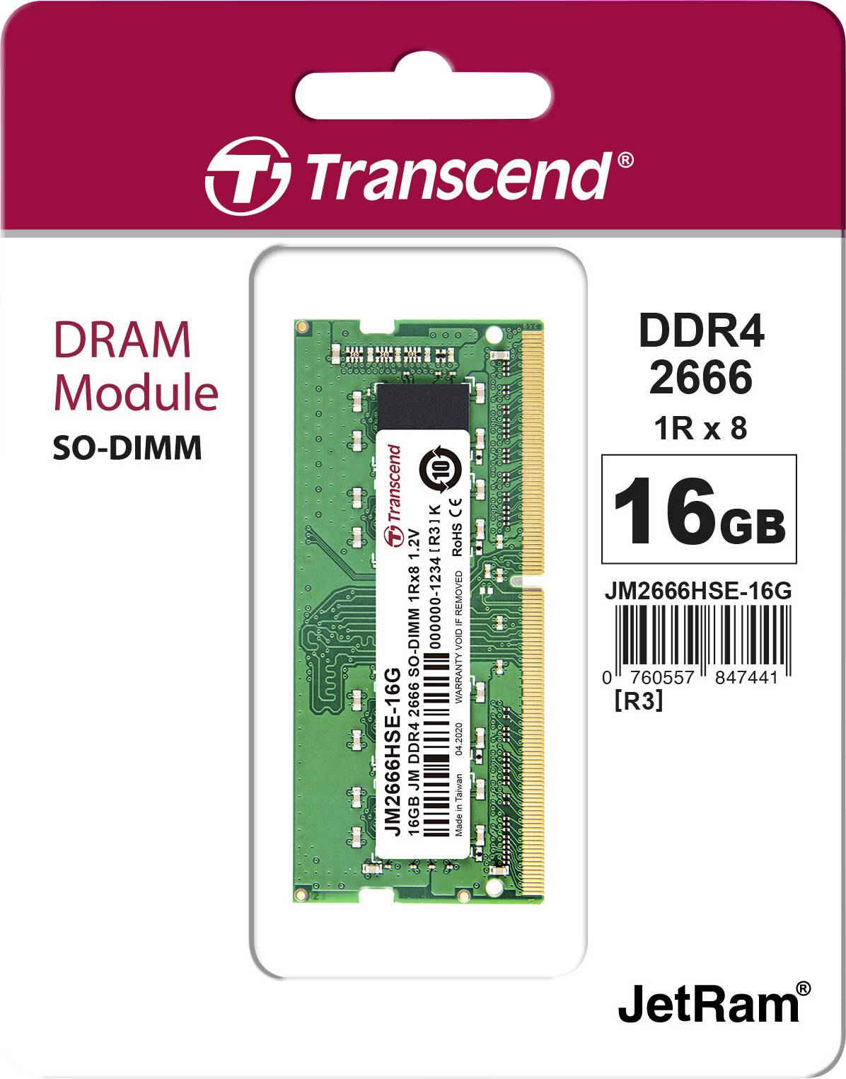 Transcend DDR4 2666 MHz SO-DIMM DRAM-Modul mit 16 GB Kapazität. Verpackung zeigt Produktbild und Spezifikationen.