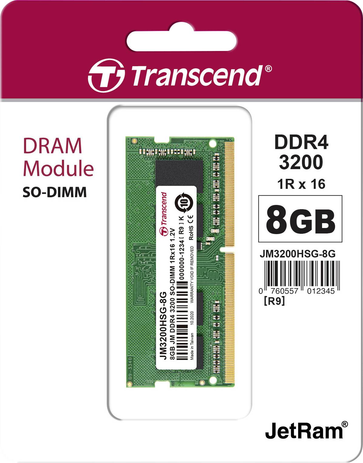 Verpackung eines Transcend JetRam DDR4 3200 SO-DIMM DRAM-Moduls mit 8 GB Kapazität, 1R x 16 Konfiguration.