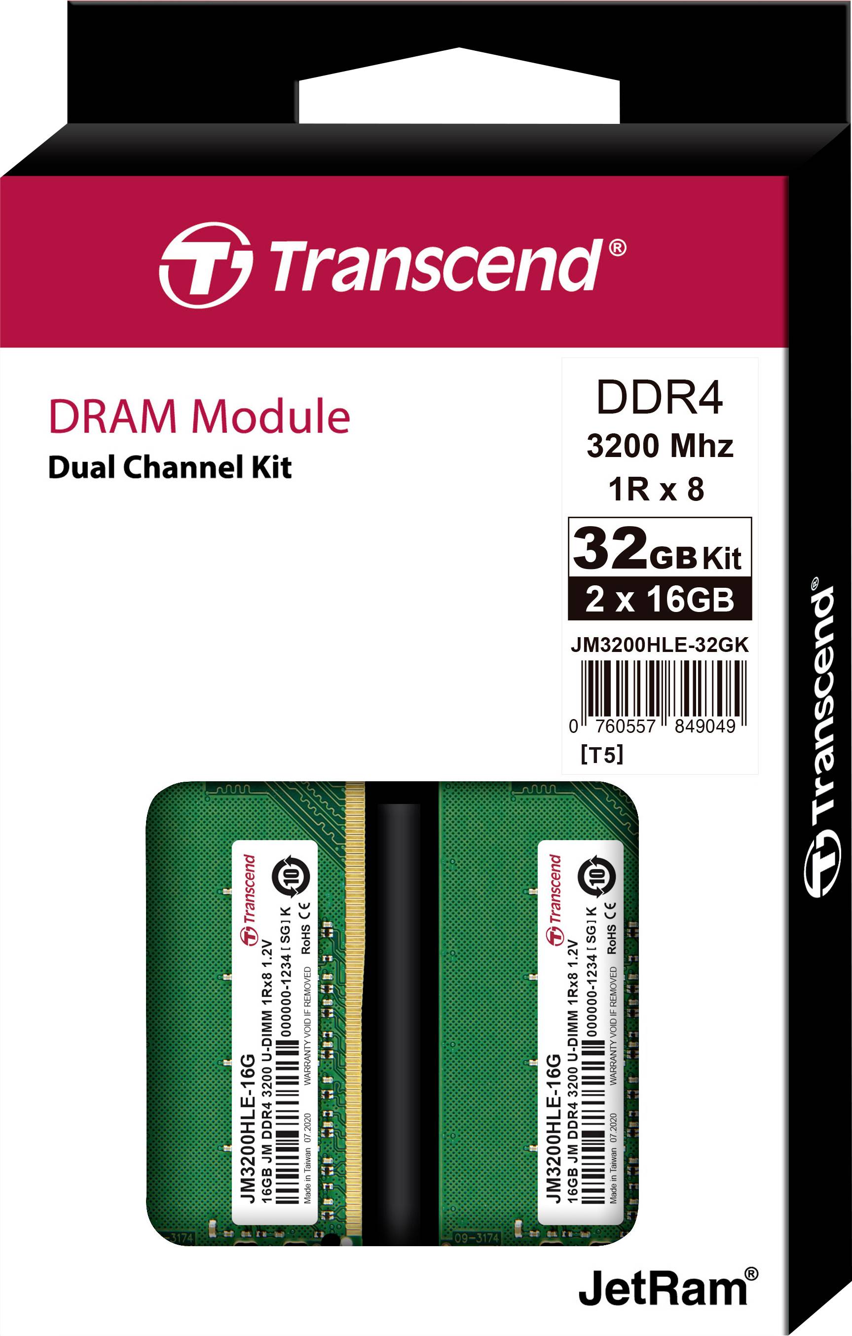 'Dual Channel Kit DDR4 3200 MHz 32GB' Transcend RAM-Modulverpackung zeigt Produktinformationen wie Spezifikationen und Marke.