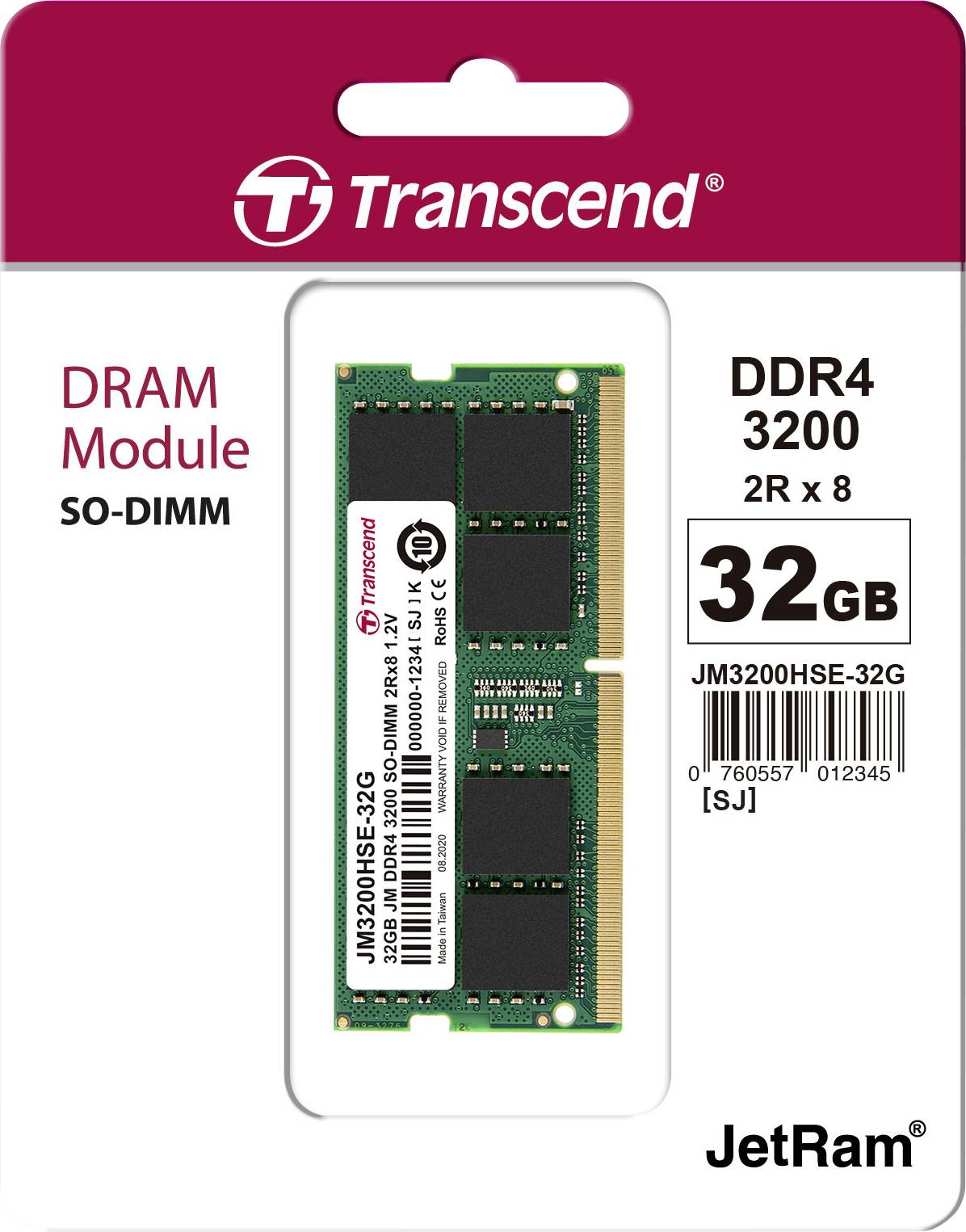 'Transcend 32GB DDR4 DRAM Module, SO-DIMM 3200, auf weißem Hintergrund, Verpackung mit rotem oberen Rand.'