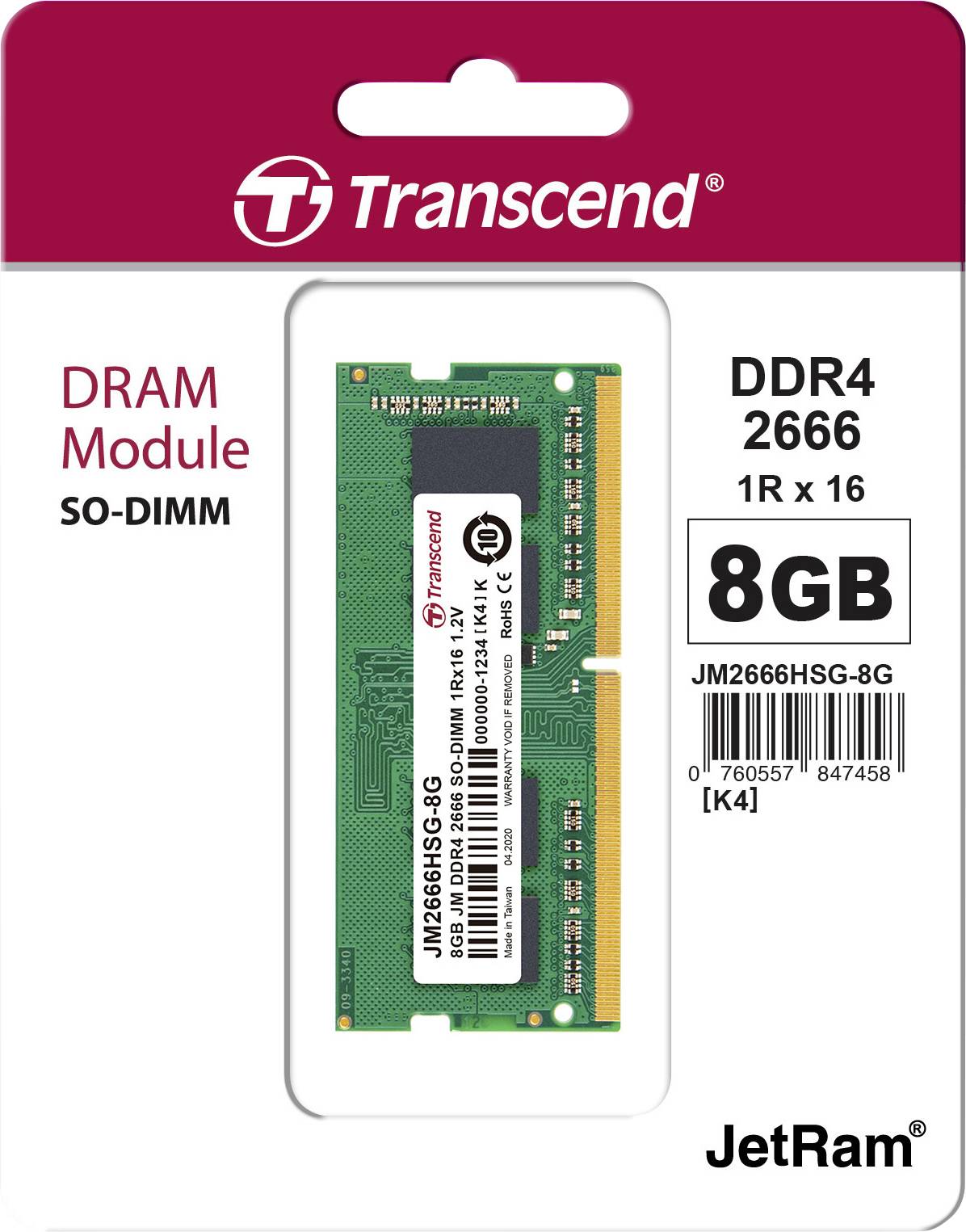 DDR4 SO-DIMM RAM-Modul von Transcend, 8GB, 2666 MHz, in einer Verpackung mit rotem und weißem Design.