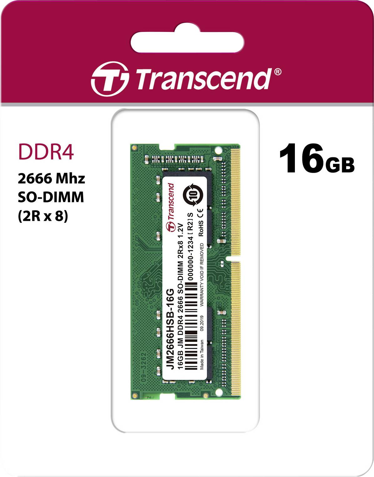 Verpackung einer Transcend DDR4 2666 MHz SO-DIMM Speicherkarte mit 16 GB Kapazität.