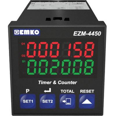 Ein schwarzer Timer und Zähler mit Modellnummer EZM-4450 von EMKO zeigt rote Ziffern '000158' und grüne Ziffern '002008'. Links unten zwei blaue Tasten: 'SET1' und 'SET2', daneben 'TOTAL' und 'RESET'.