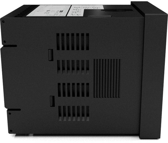 Ein schwarzes elektronisches Gerät, das von der Seite betrachtet wird, zeigt Lüftungsschlitze und eine Kontrolltafel mit Symbolen.