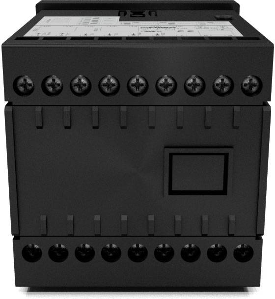 Ein schwarzes, rechteckiges technisches Gerät mit mehreren Schraubklemmen auf der Ober- und Unterseite, vermutlich ein elektrisches Modul.