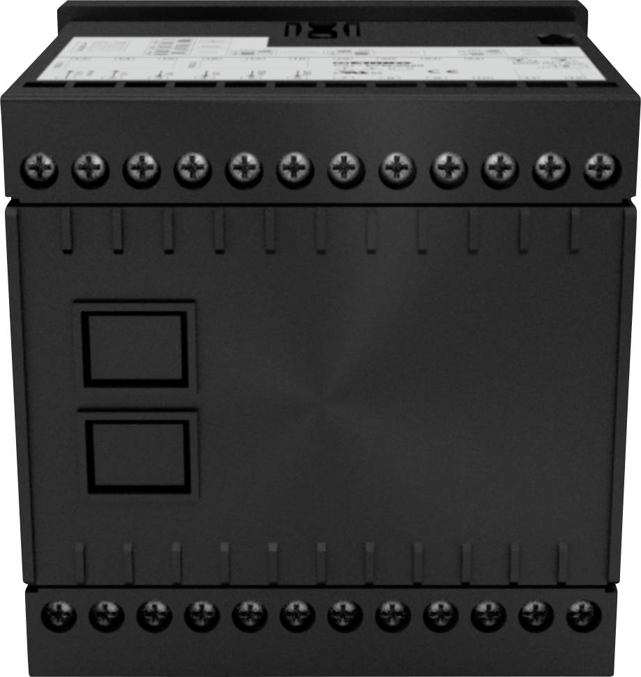 Schwarzes elektronisches Gerät mit vielen Anschlussklemmen oben und zwei rechteckigen Druckknöpfen vorne. Möglicherweise ein Steuergerät.