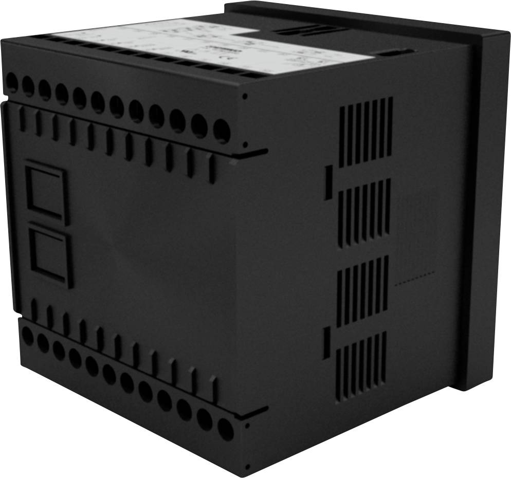 Ein schwarzes, rechteckiges elektrisches Gerät mit mehreren Anschlussklemmen an den Seiten. Oben befinden sich technische Details.