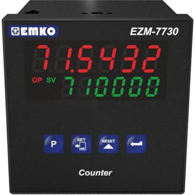 Digitaler Zähler von Emko, Modell EZM-7730, zeigt Wert 71.5432 oben in Rot und 71.0000 unten in Grün, mit Bedienknöpfen.