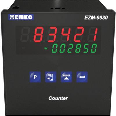 Digitaler Zähler von EMKO, Modell EZM-9930, zeigt Wert '83421' rot und '002850' grün mit Bedienknöpfen darunter.