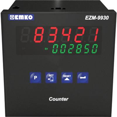 Elektronischer Zähler mit der Anzeige '83421' in Rot und '002850' in Grün. Tasten für 'SET' und 'RESET' sind darunter sichtbar.