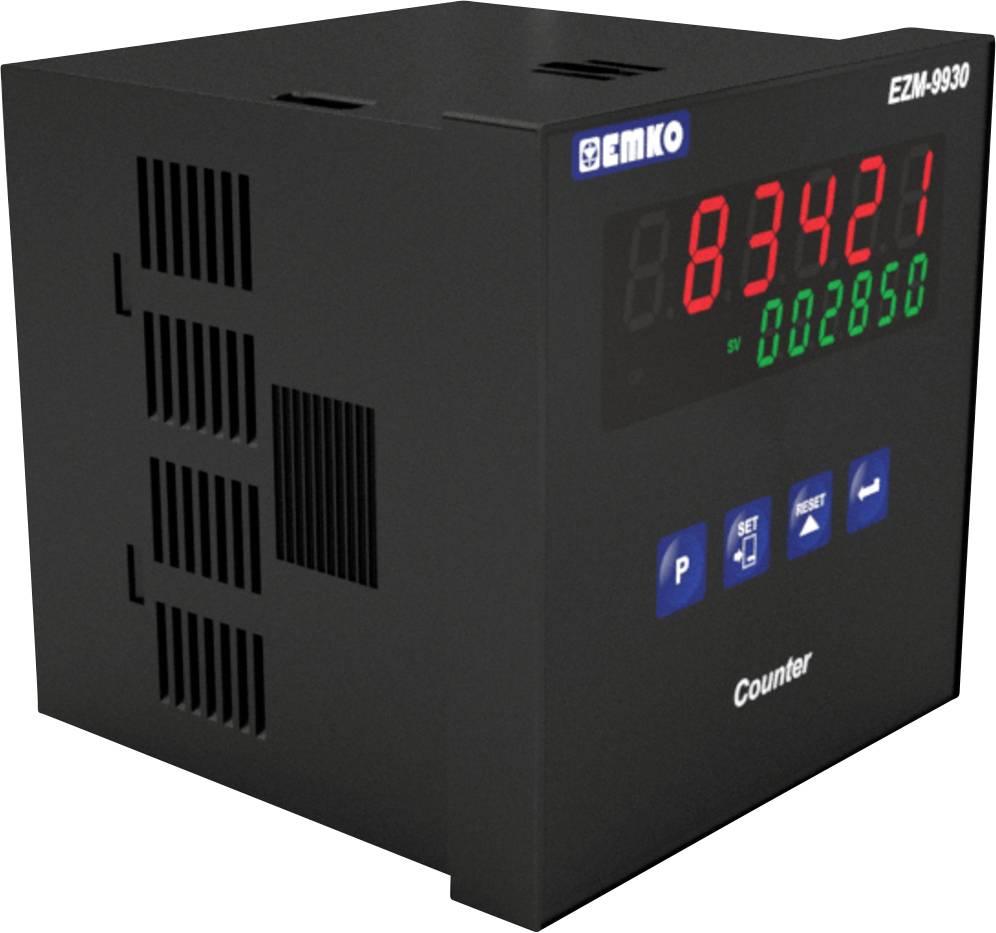 Ein schwarzer Digitalzähler mit roter und grüner LED-Anzeige zeigt die Zahl '83421' an. Weitere Tasten für verschiedene Funktionen sind sichtbar.