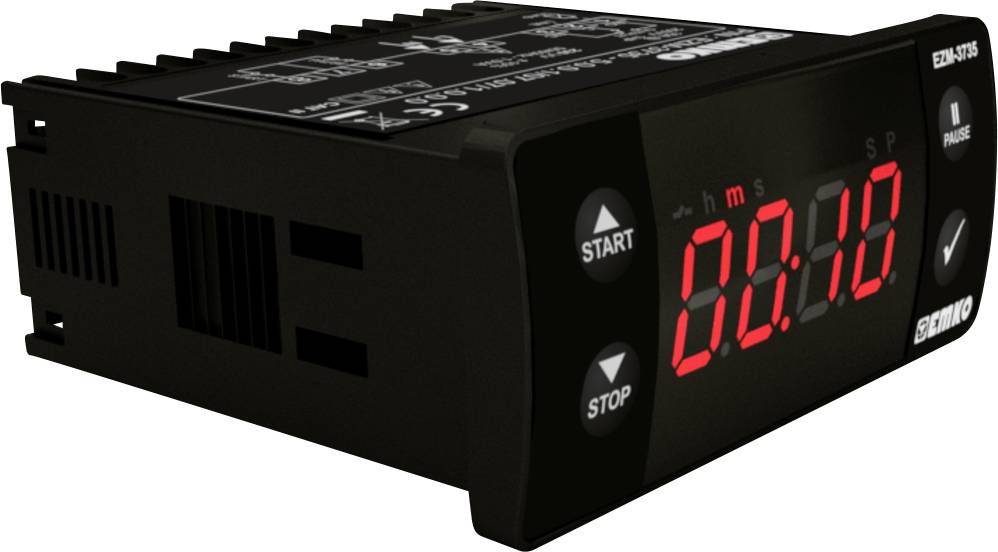 Ein schwarzer elektronischer Timer mit roter LED-Anzeige zeigt '00:10'. Tasten für Start und Stopp befinden sich vorne.