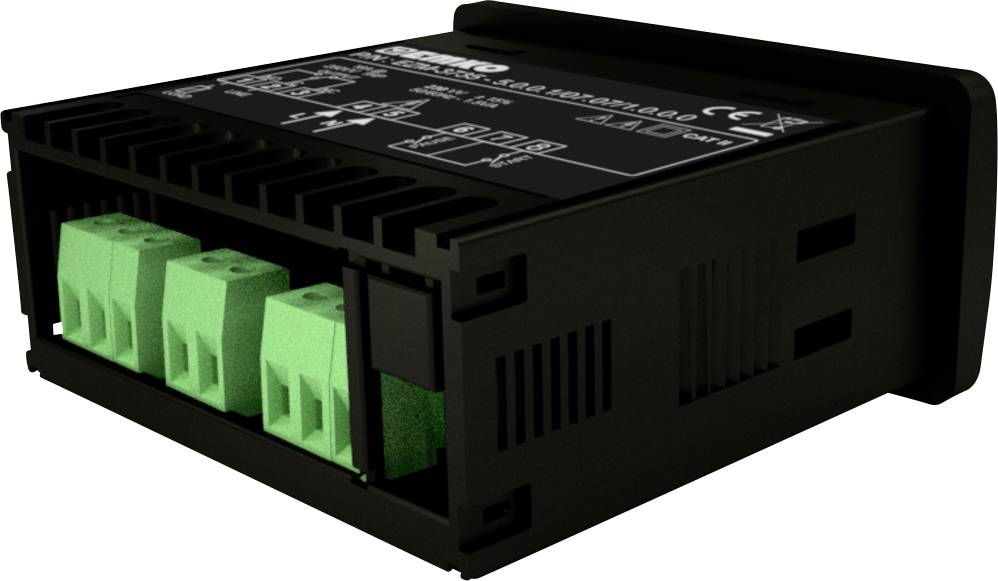 Schwarzes elektronisches Gerät mit grünen Steckverbindungen, wahrscheinlich ein Schaltgerät oder Steuerteil, auf einer weißen Fläche.