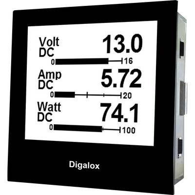 Ein Digitaldisplay zeigt Spannungswert '13.0 Volt DC', Stromwert '5.72 Amp DC' und Leistungswert '74.1 Watt DC'.