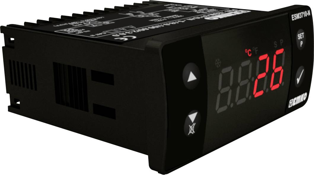 Ein schwarzer digitaler Temperaturregler mit LED-Anzeige zeigt '26°C' an. Tasten auf der rechten Seite dienen zur Einstellung.