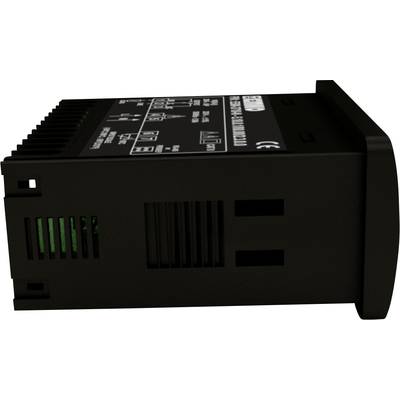 Ein schwarzes elektrisches Gerät mit Lüftungsschlitzen an der Seite. Es hat weiße Textmarkierungen zur Bedienung auf der Oberseite.