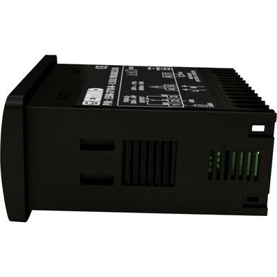 Schwarzes elektronisches Gerät mit Belüftungsschlitzen, seitlicher Anzeige und Steckverbindungen, möglicherweise ein Stromregler.