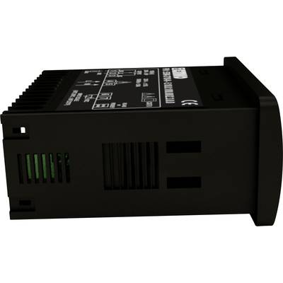 Elektronisches Gerät im schwarzen Gehäuse, seitliche Ansicht. Sichtbar sind Lüftungsschlitze und Anschlüsse. Geeignet für industrielle Anwendungen.