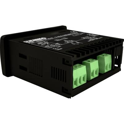 Schwarzes elektrisches Steuergerät mit grünem Terminalblock, beschriftet mit technischen Spezifikationen oben. Verwendet in Elektroinstallationen.