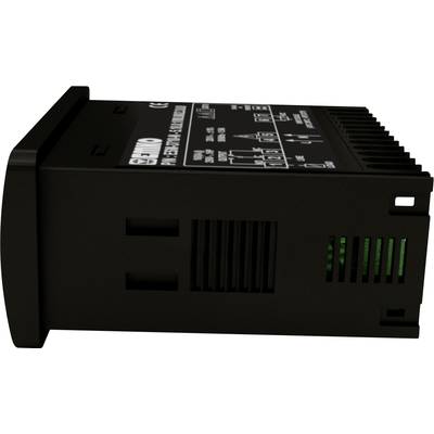 Ein schwarzes elektronisches Gerät, vermutlich ein Temperaturregler mit Diagrammen und technischen Spezifikationen auf der Oberseite.