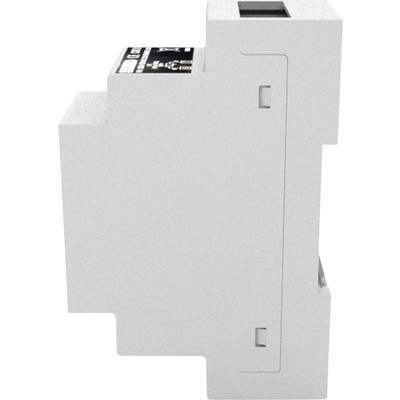 Ein weißes elektronisches Gerät von der Seite gesehen. Es hat einen schlichten, rechteckigen Aufbau mit einem kleinen Display oben.