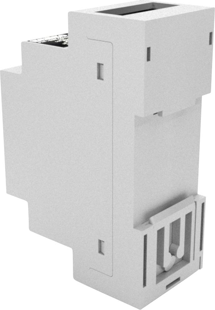 Ein grauer, rechteckiger elektrischer Baustein für die DIN-Schienenmontage. Verwendet für modulare elektrische oder elektronische Systeme.