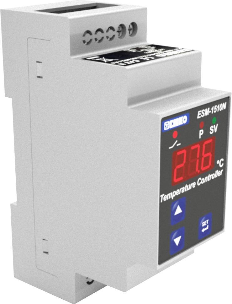 Ein Temperaturregler mit digitaler Anzeige zeigt '27.6 °C' an. Zwei blaue Tasten und ein Display für Einstellungen und Werte.