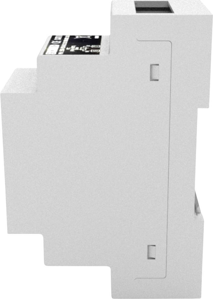 Ein weißes elektronisches Gerät, möglicherweise ein Schaltschrankmodul, seitlich abgebildet. Oben sind einige Schalter und Anschlüsse sichtbar.