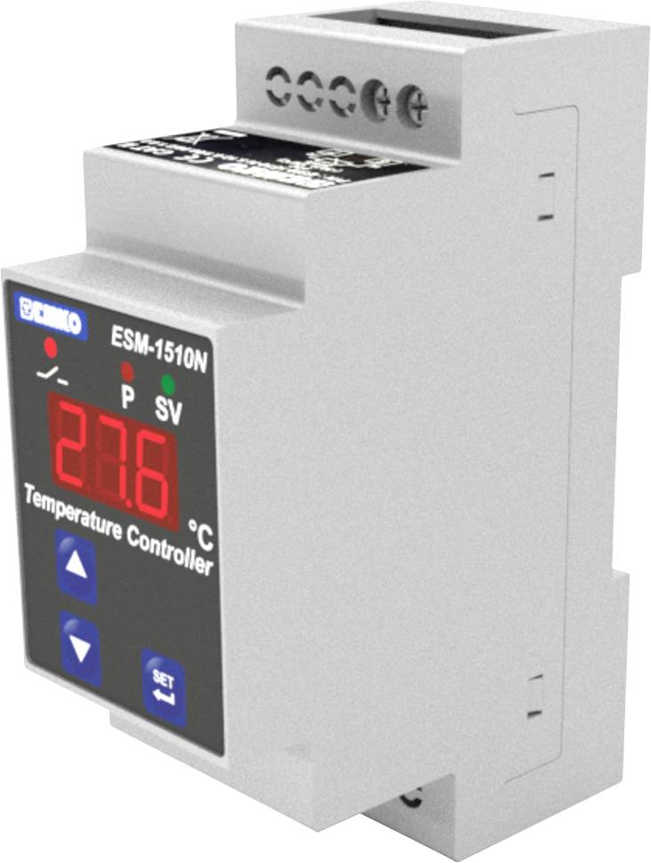 Temperaturregler in grau mit digitaler Anzeige, LED-Leuchten und blauen Tasten. Modellnummer: ESM-1510N.