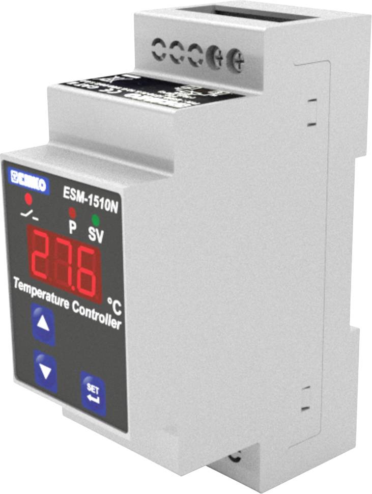 Temperaturregler im Gehäuse montiert, zeigt große digitale Anzeige mit Messwerten an. Steuerungstasten sind darunter sichtbar.