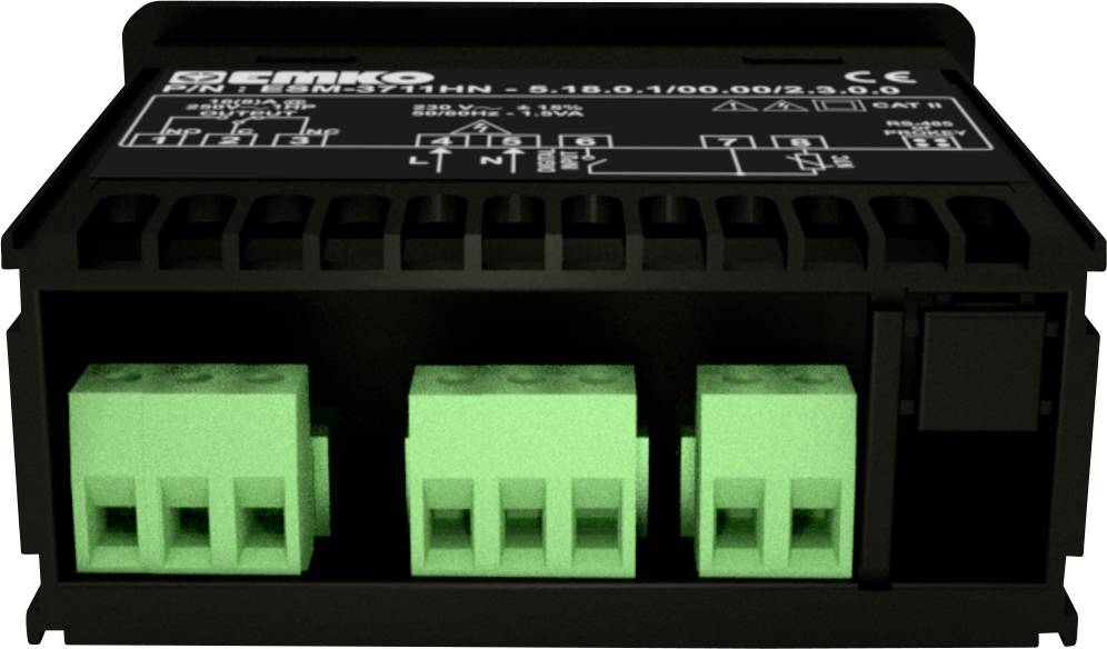 Schwarzes elektrisches Gerät mit grünen Anschlussklemmen, beschriftet mit technischen Details, vermutlich ein elektronisches Steuer- oder Regulierungselement.