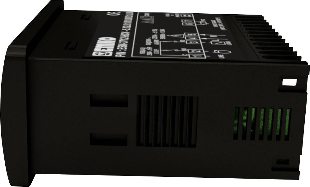 Schwarzer elektronischer Temperaturregler mit Beschriftungen und Skala zur Steuerung und Anzeige von Temperaturwerten.