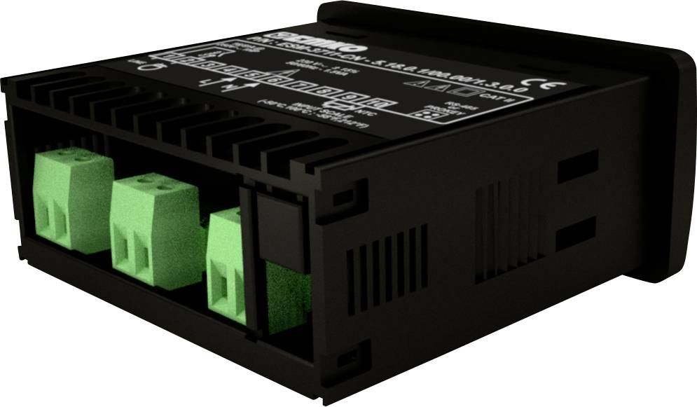 Ein schwarzes elektrisches Gerät mit drei grünen Anschlussklemmen an der Vorderseite. Das Gehäuse hat seitliche Lüftungsschlitze.