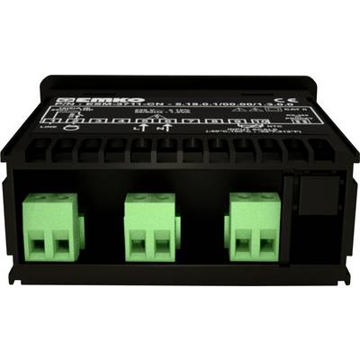 Schwarzes elektronisches Gerät mit grünen Anschlussklemmen, Label oben zeigt technische Spezifikationen für den Anschluss.