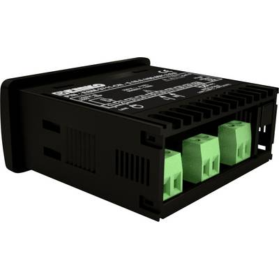 Ein schwarzes elektronisches Gerät mit grünem Anschlussblock, vermutlich ein Spannungswandler. Hat mehrere Beschriftungen und Symbole.