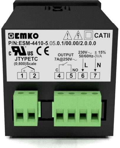 Schwarzes elektrisches Modul mit grünen Anschlüssen und technischen Spezifikationen für Spannung, Frequenz und Stromstärke auf der Vorderseite.