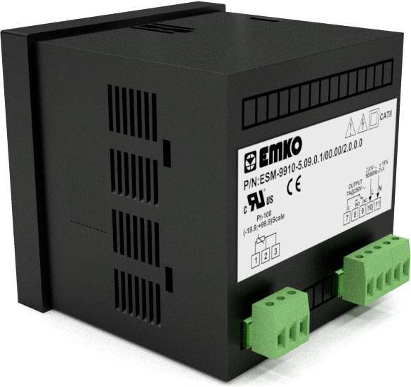 Schwarzer EMKO-Regler mit grünen Anschlussklemmen, Modell ESM-9910. Zeigt Seriennummer und technische Symbole an der Vorderseite.
