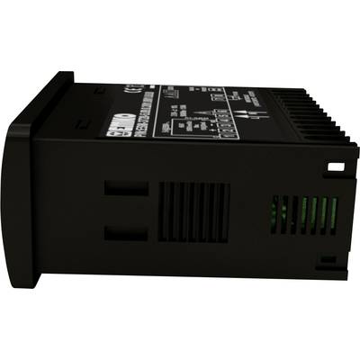 Ein schwarzes elektronisches Gerät mit seitlichen Lüftungsschlitzen und Aufschrift auf der Oberseite zur technischen Funktionalität.