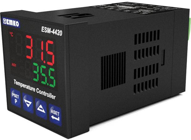 Digitaler Temperaturregler ESM-4420 mit einer Anzeige von 31,5 °C in Rot und einem Sollwert von 35,5 °C in Grün.
