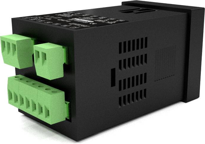 Ein schwarzes elektronisches Gerät mit grünen Steckverbindungen auf der linken Seite.