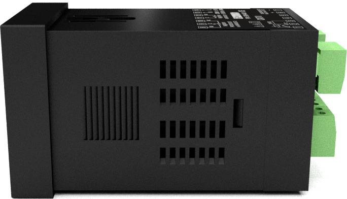 Schwarzes elektronisches Gerät mit seitlichen Lüftungsschlitzen und grünen Anschlussklemmen.