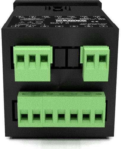 Ein schwarzes elektronisches Modul mit grünen Anschlussklemmen an der Oberseite, verwendet für die Stromverteilung und Steuerung.