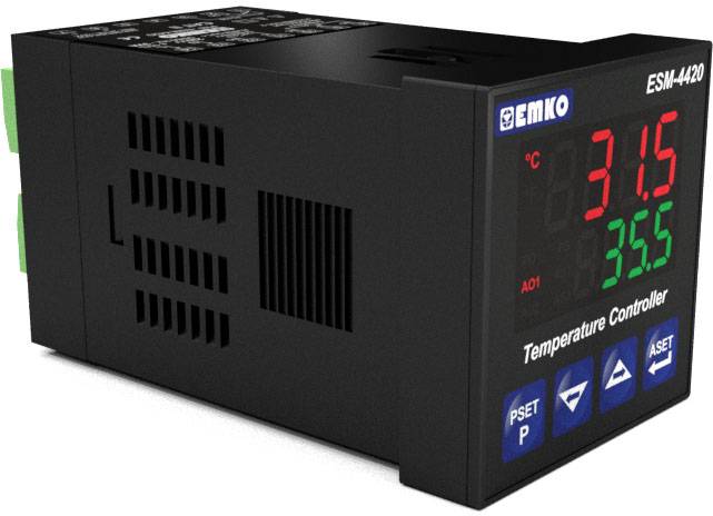 Ein digitaler Temperaturregler zeigt 31,5 °C in Rot für den aktuellen Wert und 35,5 °C in Grün für den eingestellten Wert.