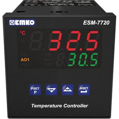 Digitaler Temperaturregler ESM-7720, Anzeige mit Ist-Temperatur 32,5°C in Rot und Soll-Temperatur 30,5°C in Grün, mit Tasten darunter.