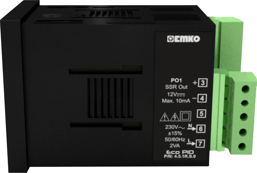 Elektronisches Gerät mit schwarzem Gehäuse, grünen Anschlüssen und Beschriftungen zu Ausgängen, Betriebsspannung und Sicherheitsymbolen.