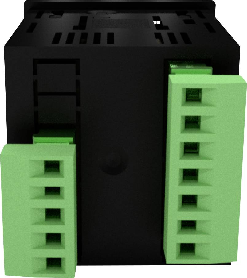 Ein schwarzes, quadratisches elektronisches Bauteil mit grünen Anschlussklemmen auf zwei Seiten, geeignet für Industrieanwendungen.