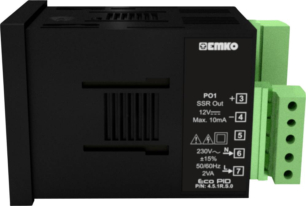 Ein schwarzes elektronisches Gerät von EMKO mit grünen Anschlüssen und Beschriftungen zu Spannung und Ausgang, geeignet für 230V.